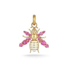 I am officially obsessed with this new bee charm. The intricate design is truly remarkable and each color combinations are lovely. Available in 14k yellow gold Turquoise, diamonds, or pink sapphires Measures 5/8" x 5/8" Clip-on bail mechanism By Storrow Jewelry Pink 14k Gold Jewelry With Charms, Victorian Aesthetic, Antique Fairs, Bee Jewelry, Bee Charms, Diamond Charm, Jewelry Show, Jewelry Creation, White Enamel