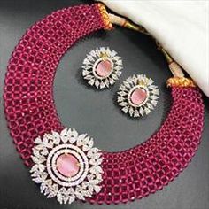 Gold Rodium Polish Pink and Majenta color Necklace in Metal Alloy studded with CZ Diamond Round Necklaces With Stone Work For Parties, Round Stone Work Necklace For Party, Round Party Necklaces With Stone Work, Festive Round Jewelry With Rhinestones, Pink Jeweled Metal Necklace, Festive Round Rhinestone Jewelry, Pink Stone Work Necklaces For Party, Pink Stone Work Necklace For Party, Festive Multicolor Rhinestone Jewelry