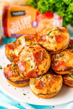 mini pizzas on a white plate with parsley and seasoning in the background