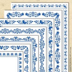 four blue and white frames with floral designs on the border, one is blank for an image