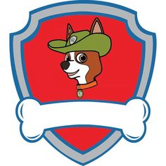 a cartoon dog wearing a hat with a bone hanging from it's side in front of a red and blue shield