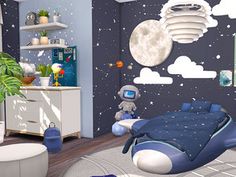 a child's bedroom decorated in blue and white, with an astronaut themed wallpaper