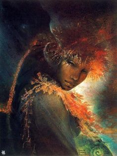 an artistic painting of a woman with feathers on her head and hair blowing in the wind