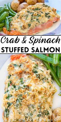 crab and spinach stuffed salmon on a plate with green beans