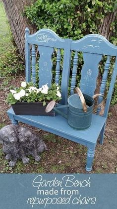 a blue bench with potted plants on it and the words garden bench made from repurposed chairs