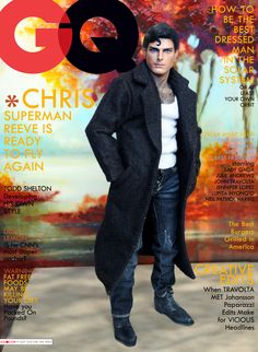 the cover of gq magazine with a man in black coat and jeans on it