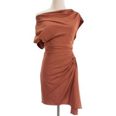 * Total Length: ~29 * Pit To Pit: 14 * Waist: 12 Ruched Mini Dress, Rust Orange, Orange Dress, Color Orange, Linen Blend, Rust, Short Dresses, One Shoulder, Tokyo