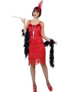 a woman in a red flap dress holding a stick