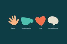 three hands with different speech bubbles in the shape of heart, love, and hand gestures