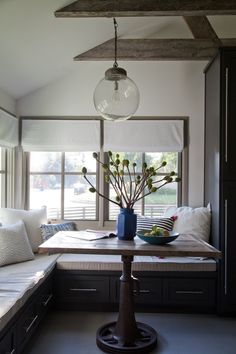 a table with a bowl of fruit on top of it in front of a window