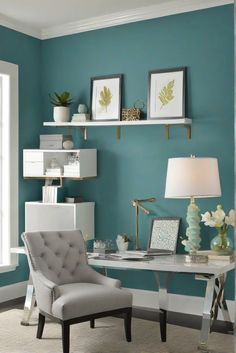 a chair and desk in a room with blue walls