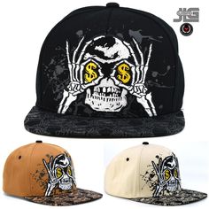 Thank you for shopping - JLGUSA SKULL Features New Skull Snapback Hat Cap New with Tag / Sticker Allover Printed Skulls background with a 3D Embroidery Skull Across the Front Panel Crown. Skull name Back Embroidery. Skull all over Printed on top of the Bill. All logos and letters on crown embroidered, stitched on  100% Cotton | Flat Bill Contrasting button and grommet ventilation Adult size adjustable with plastic snap back GREAT VALUE - WITH FAST SHIPPING All Hats are shipped in a BOX Adjustable Skull Print Baseball Cap, Skull Print Cap One Size, Skull Print Cap One Size Fits Most, Casual Snapback Baseball Cap With Skull Print, Casual Skull Print Snapback Baseball Cap, Black Skull Baseball Cap For Streetwear, Casual Adjustable Trucker Hat With Skull Design, Adjustable Snapback Baseball Cap With Skull Print, Halloween Snapback Baseball Cap For Streetwear