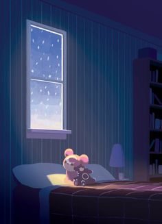 a teddy bear sitting on top of a bed next to a book shelf under a window