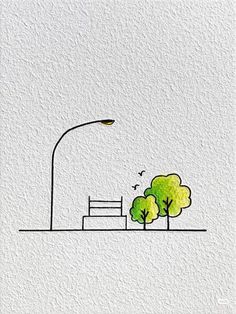 a drawing of a street light and tree on the side of a building with stairs leading up to it