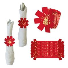 red and gold paper decorations are arranged on top of each other, including napkins