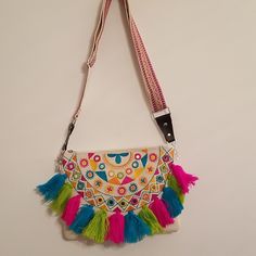 Super Cute Crossbody Purse Colorful Pom Nwt 12" X 9" Pink,Green, Turquoise, Yellow, Orange Very Bright And Colorful! Super Cute! Item# 2645 Vibrant Multicolor Bags For Summer, Vibrant Multicolor Summer Bags, Fun Multicolor Shoulder Bag, Multicolor Festival Bags For Summer, Bohemian Shoulder Bag With Multicolor Embroidery For Spring, Multicolor Summer Bags With Tassels, Summer Multicolor Bags With Tassels, Embroidered Multicolor Shoulder Bag For Summer, Fun Multicolor Shoulder Bag For Vacation