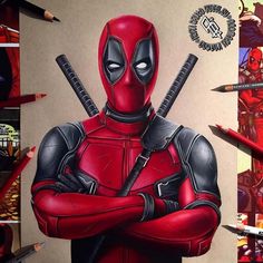 a drawing of a deadpool character with two swords in his hands, surrounded by pencils