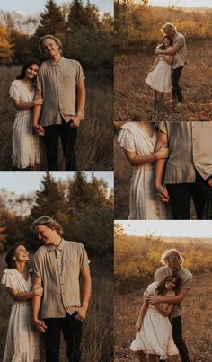 a man and woman are standing in the grass with their arms around each other as they hug