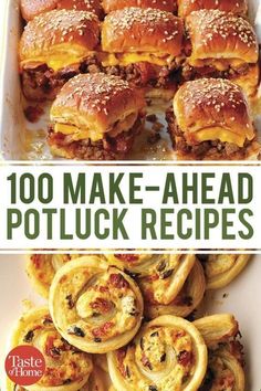 the cover of 100 make - ahead potluck recipes with pictures of different pastries