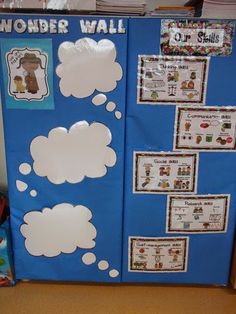 a bulletin board with some writing on it and clouds in the shape of speech bubbles