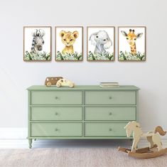 three children's wall art prints with animals on them