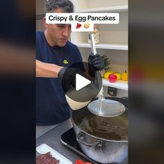 a man is cooking food in a pan on the stove with words that read crispy and egg pancakes