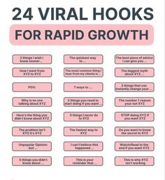 the text reads 24 virtual hooks for rapid growth with pink and black font on it