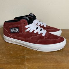 Vans Half Cab Brick Red Pig Suede - Size 12 Red Lace-up Sneakers For Fall, Casual University Red Leather Skate Shoes, Red Vans High-top Skate Shoes, Red High-top Vans Skate Shoes, Red Leather Mid-top Skate Shoes, Casual Red Suede Sneakers, Red Vans Skate Shoes With Red Sole, Red Vans Skate Shoes, Vans Old School