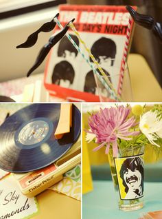 the beatles memorabilia are on display in this collage, including a vase with flowers and vinyl records