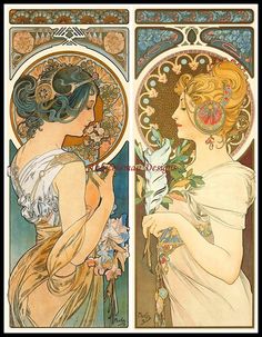 two art nouveau style posters depicting women with flowers in their hair