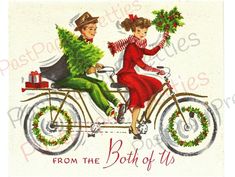 an old fashioned christmas card with two women on a bicycle