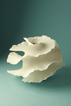 a large white flower sitting on top of a green table next to a blue wall