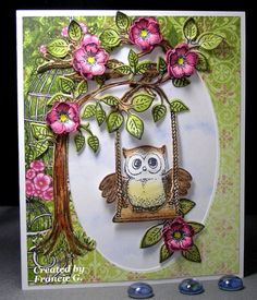 a card with an owl sitting on a swing