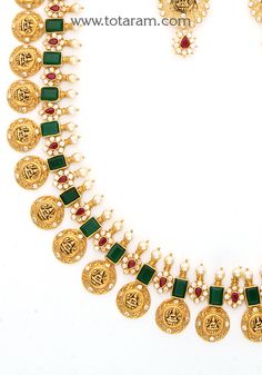 22 Karat Gold 'Lakshmi ' Long Necklace & Drop Earrings Set with Cz , Color Stones & Japanese Culture Pearls - Bottumala (Temple Jewellery) - 235-GS3837 - in 134.450 Grams for USD $11,989.28 USD. 
Made in India by Totaram Jewelers Online this product is in Gold - 22 Karat BIS Hallmark 916 Gold  & is an excellent gift for Adult - Women. Ships fully insured with secured guaranteed delivery for free with your order over $250 from New Jersey USA & comes with 30 days exchange policy. 22k Gold Round Temple Necklace With Meenakari, 22k Gold Temple Necklace With Meenakari, 22k Gold Hallmarked Temple Necklace For Diwali, Diwali 22k Gold Hallmarked Temple Necklace, Diwali Hallmarked 22k Gold Temple Necklace, Diwali 22k Gold Temple Necklace, 22k Gold Round Kundan Temple Jewelry Necklace, Gold Temple Necklace For Anniversary And Festive Occasions, 22k Gold Kundan Necklace For Diwali