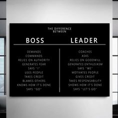 the differences between boss and leader on a blackboard in an office setting with large windows