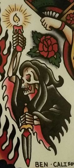 an old school style tattoo design with a skeleton holding a knife and roses on it