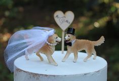 two dogs wearing wedding attire on top of a cake with a heart shaped sign in the background