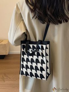 Bird in Bag - Ladies Large Capacity Casual and Versatile Houndstooth Tote Bag Casual Houndstooth Pattern Bags, Chic Houndstooth Rectangular Shoulder Bag, Houndstooth Tote Bag, Chic Black Houndstooth Pattern Bag, Black Houndstooth Pattern Bag, Square Bag, Free Gifts, Bag Lady, Tote Bag