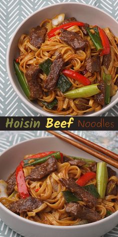 two pictures of noodles with beef and vegetables