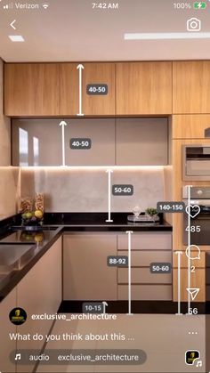 a kitchen with an appliance that shows the measurements for different appliances in it