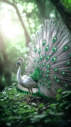 a white peacock with green feathers standing in the grass