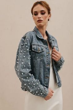 Customizable Pearl Sleeve Jean Jacket - Heirloom Bridal | The Bridal Box Bedazzled Jacket, Bride Jacket, Long Sleeve Denim Jacket, Diy Jacket, Pewter Color, Design Clothes