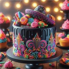 a cake decorated with colorful icing and decorations