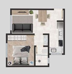 an overhead view of a bedroom and living room in a small apartment, with the kitchen to the side