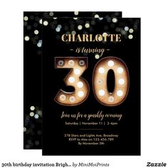 a 30th birthday party card with lights on it and the number 30 in gold foil