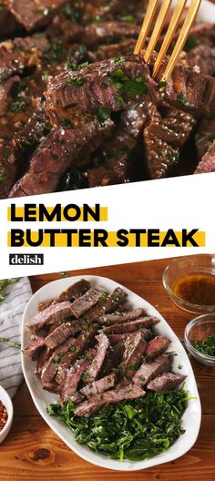 lemon butter steak on a plate with greens and seasoning