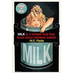 an advertisement for milk with a woman in a bucket on the front and back of it