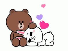 a brown teddy bear sitting next to a white bunny rabbit with hearts flying around them