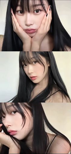 three different images of a woman with long black hair