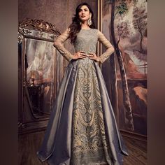 Sonal Chauhan Looks More Beautiful In This Grey Taffeta Abaya Style Anarkali Suit With Embroidered Foliage Patterns All Over The Kameez. Comes With Matching Bottom And Dupatta. Note: The Dupatta Is Length Is 2.2m, Width Is 40" Custom Stitched To Fit A Size 12. Measurements For Dress, As Ordered: [Bust Size: 42] [Height: 5 Feet 05 Inches] [Style: On The Ankle] Color Closer To Pictures Modern Anarkali, Party Wear Anarkali Suits, Anarkali Wedding, Indian Wedding Reception Outfits, Wedding Reception Outfits, Wedding Anarkali, Orang India, Party Wear Anarkali, Sonal Chauhan